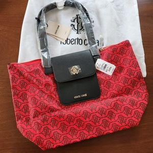 Roberto Cavalli Nylon Tote with Leather Trim, Red, NWT